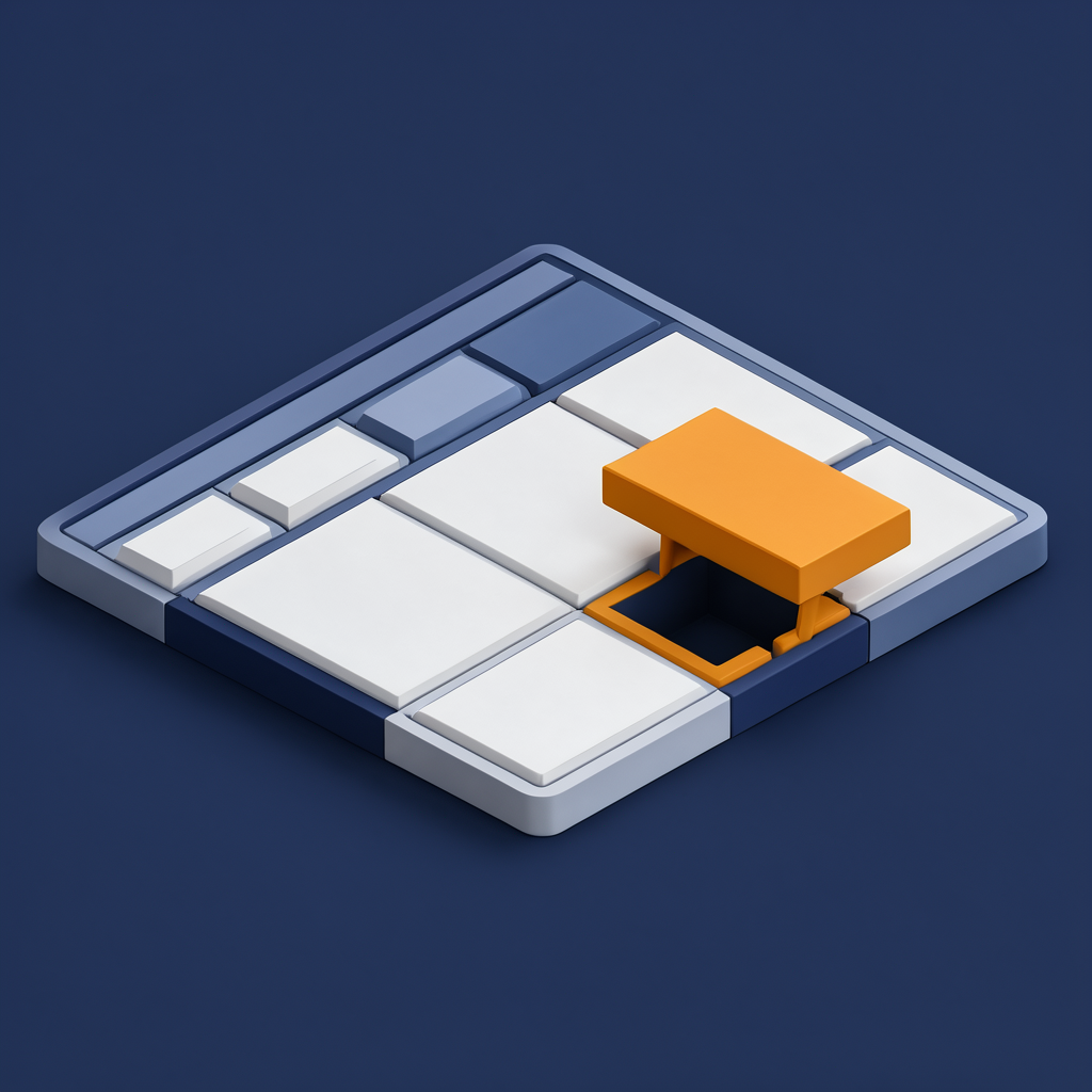 Illustration of an application layout built from blocks, with one amber block being fitted into the last empty slot