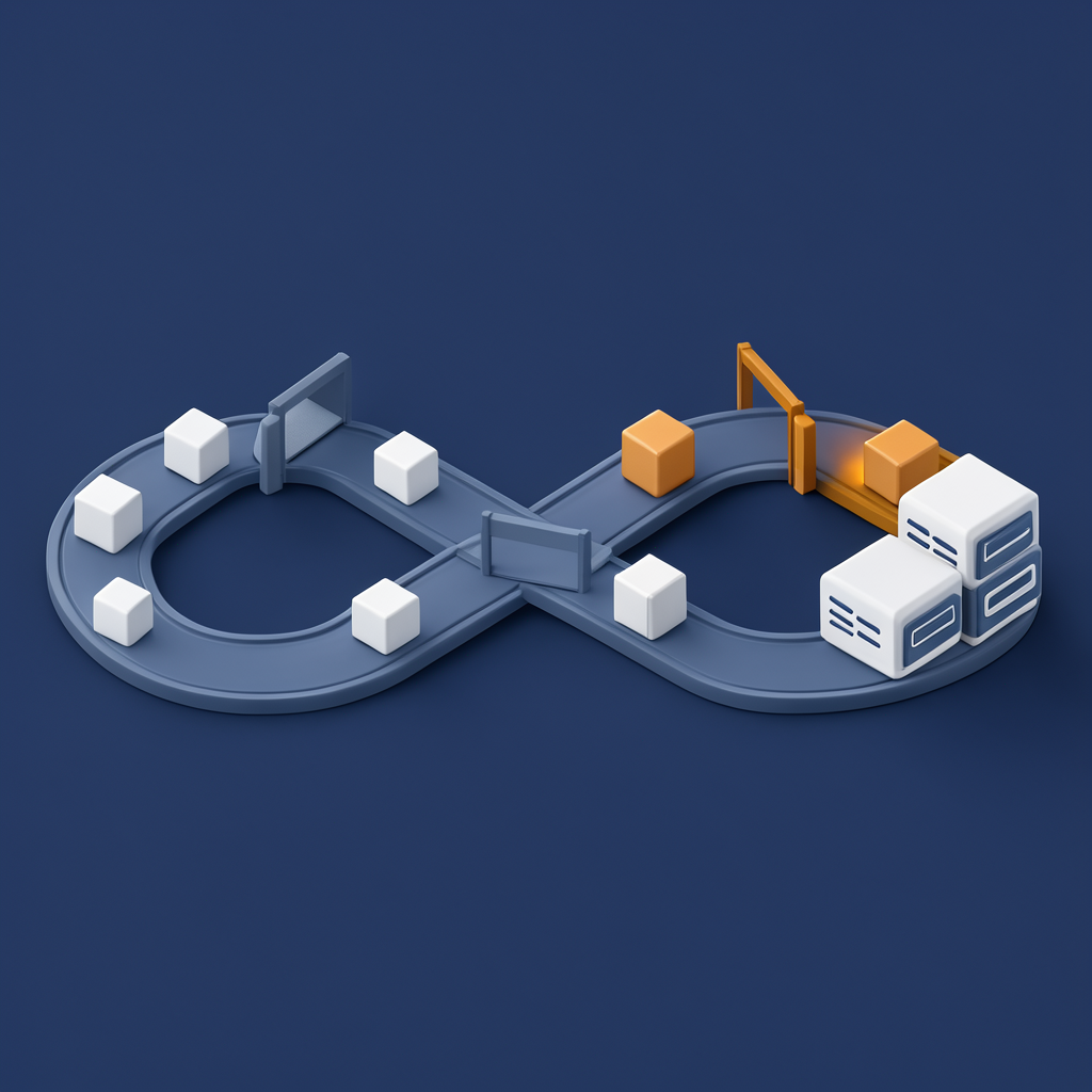 Illustration of code packages moving along an infinity-shaped track through checkpoints into a stack of servers