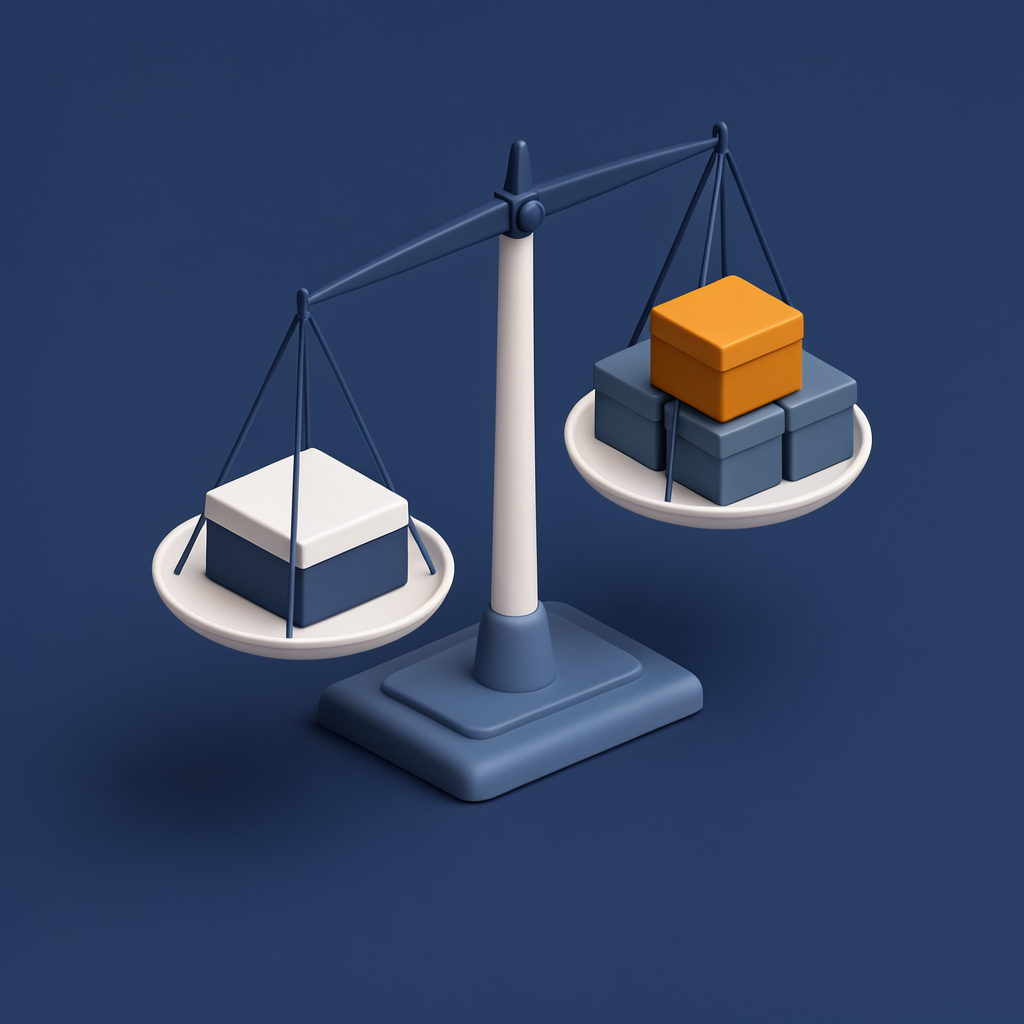 Illustration of a balance scale weighing a single packaged box against a stack of custom-built blocks