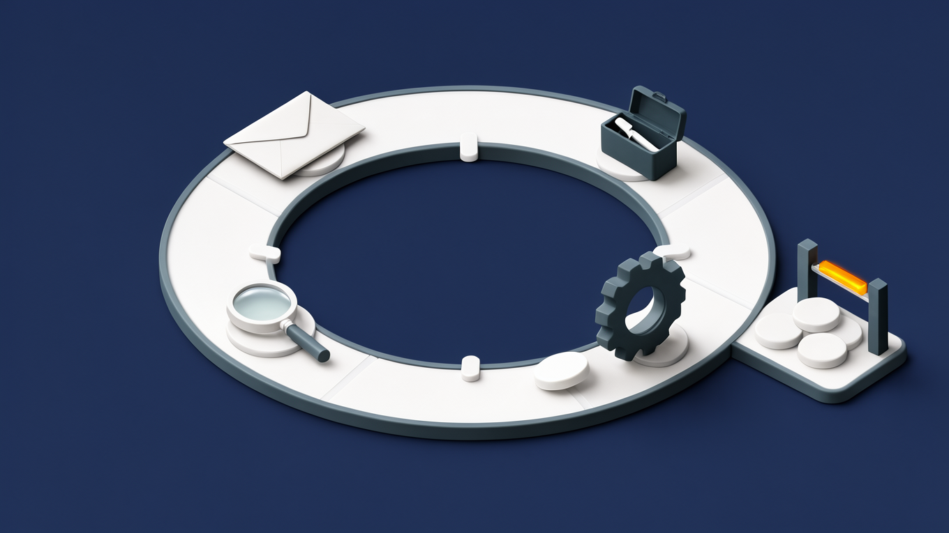 Illustration of an AI agent's loop: read the request, choose a tool, act and check the result, with a side gate where results wait for a person's approval