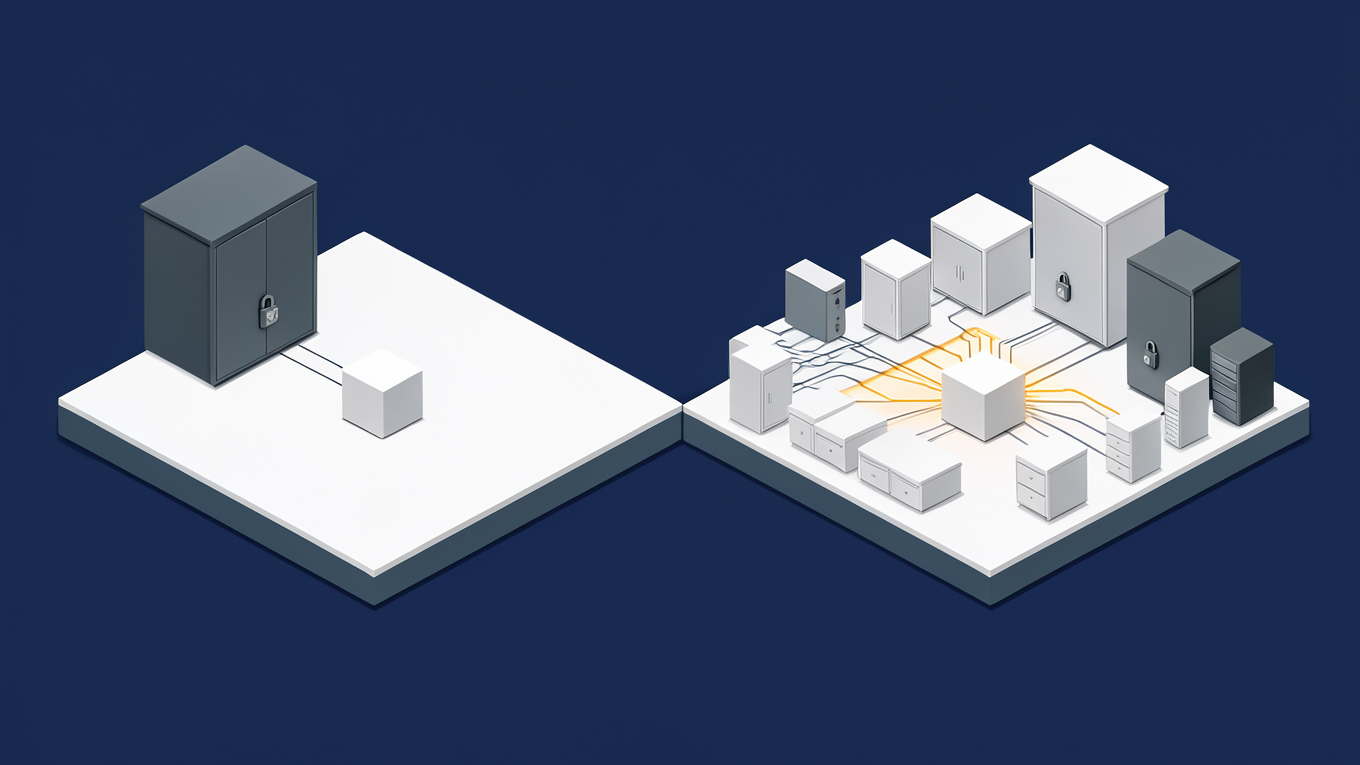 Two AI agents compared: one with read-only access to a single system, one with write access to everything, showing how far a mistake can spread