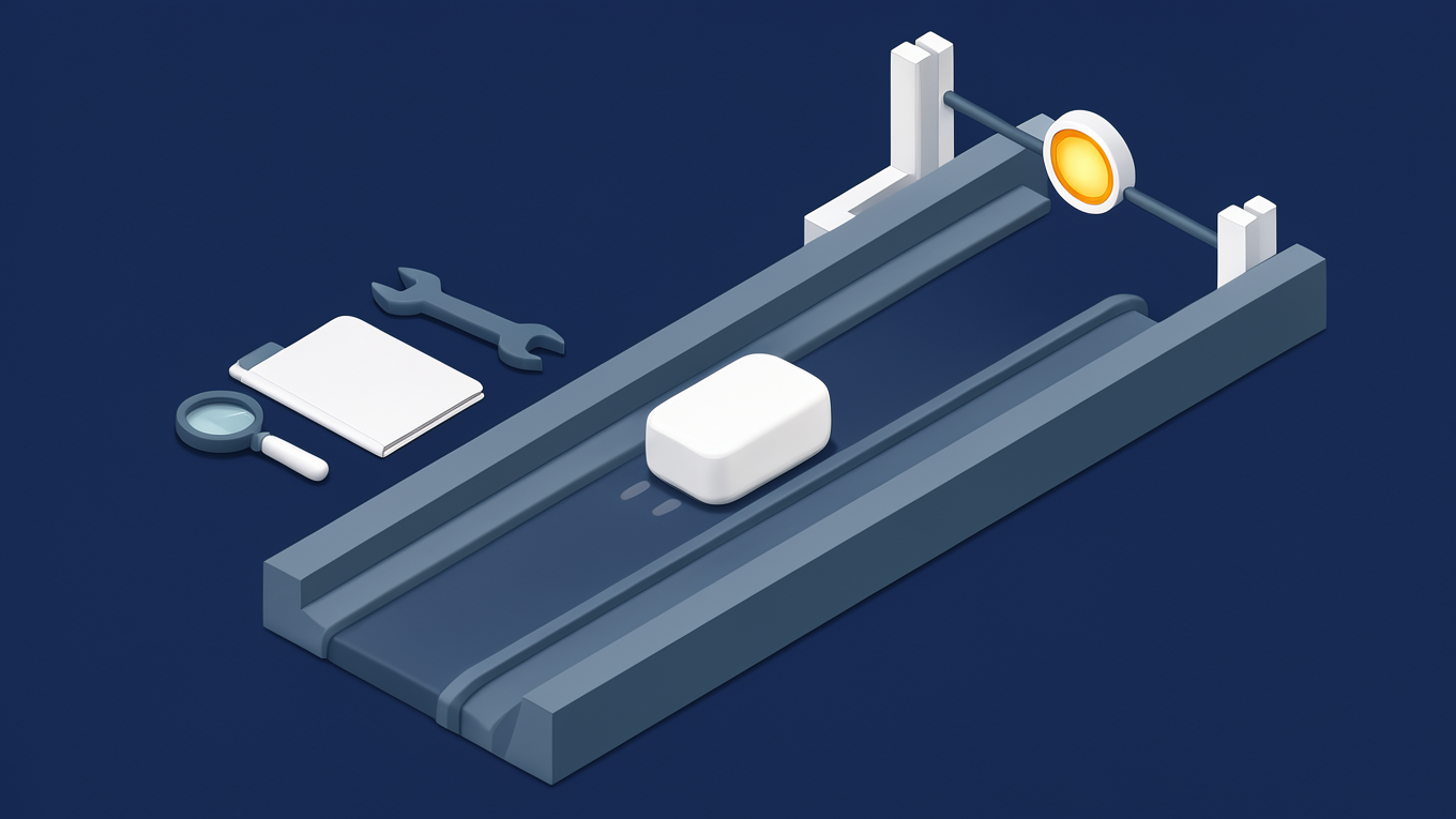 Illustration of an AI agent moving along a narrow track, with its tools within reach and a checkpoint gate with an amber light at the end