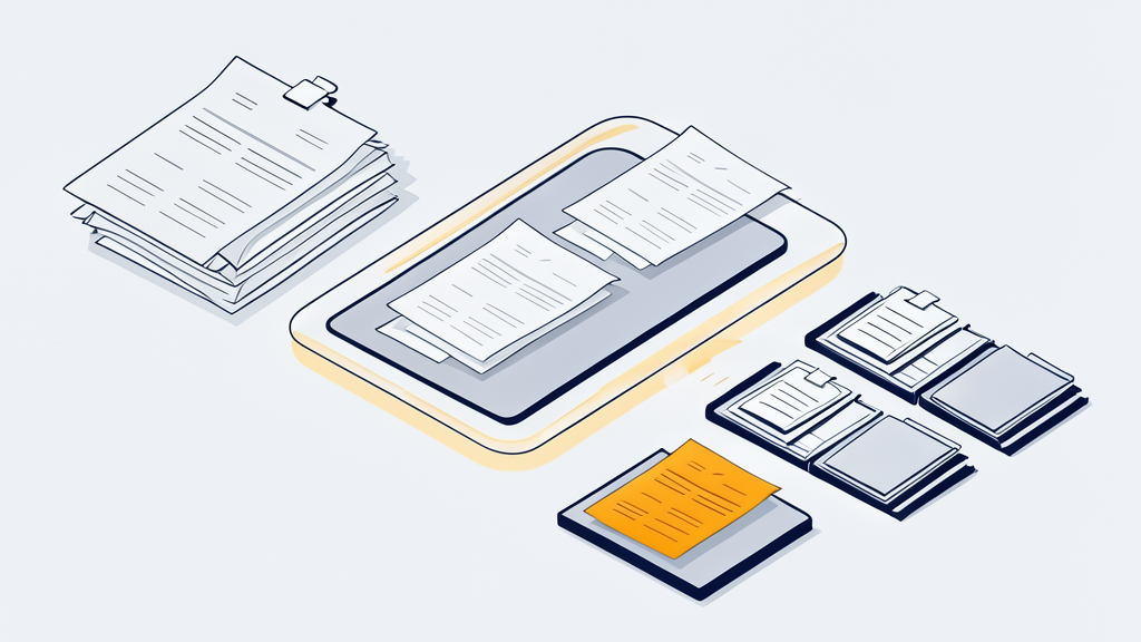 Illustration of receipts and invoices flowing through an AI step into an organised ledger, with one item held aside for review
