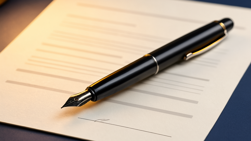 A pen resting on a signature line under a desk lamp, representing work that needs a person's sign-off