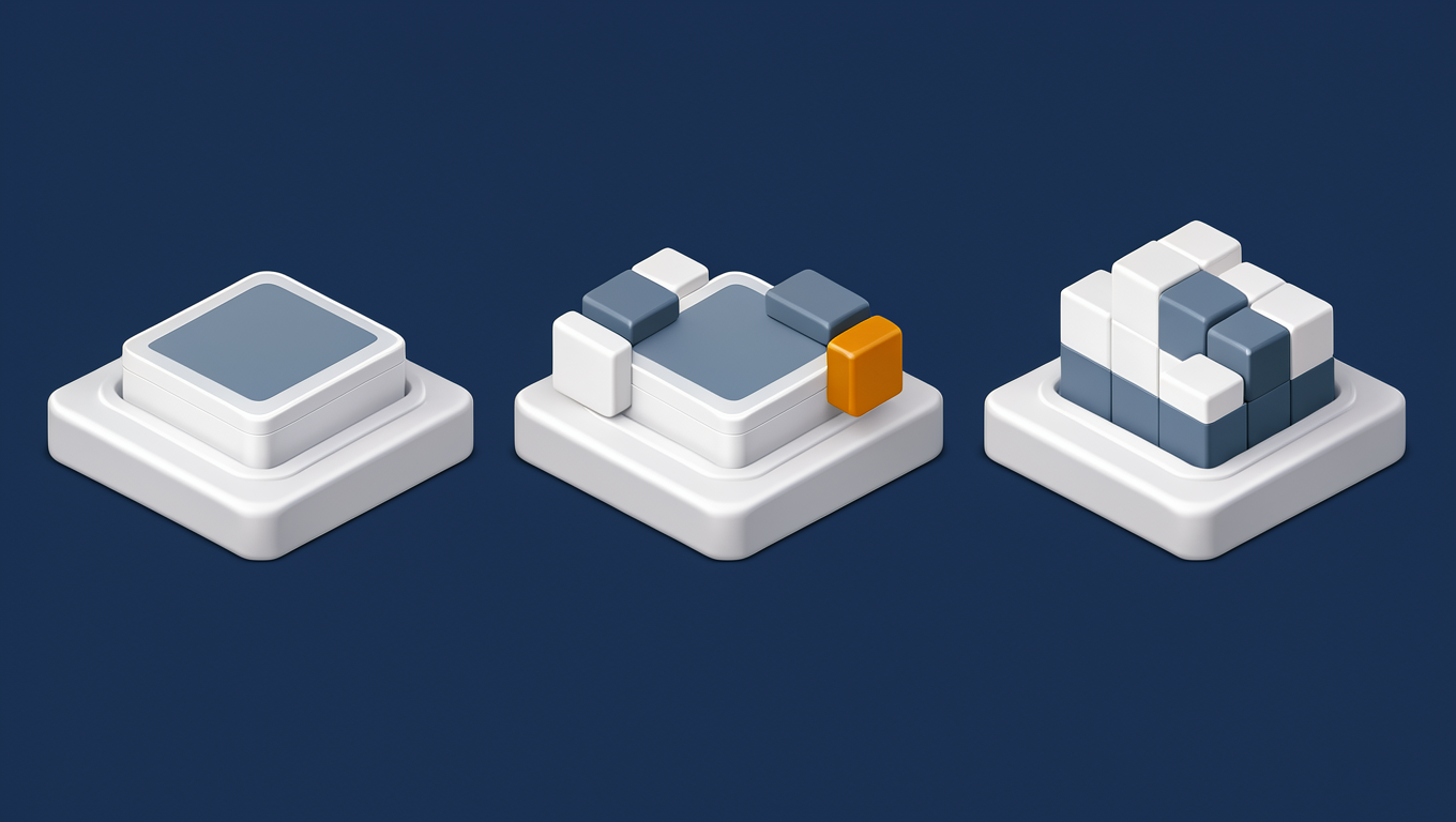 Three options side by side: an off-the-shelf box, the same box with custom blocks added, and a fully custom build