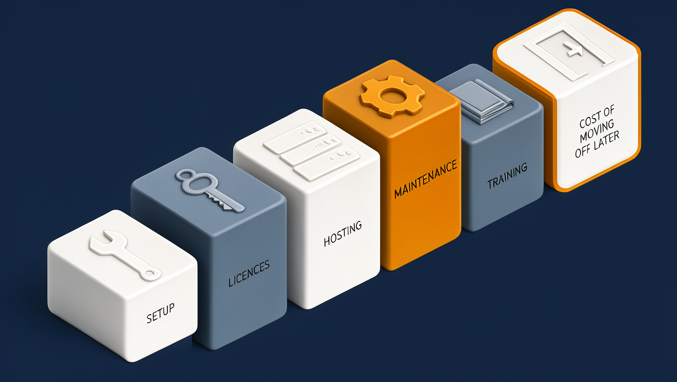 Six blocks of different heights labelled setup, licences, hosting, maintenance, training and cost of moving off later