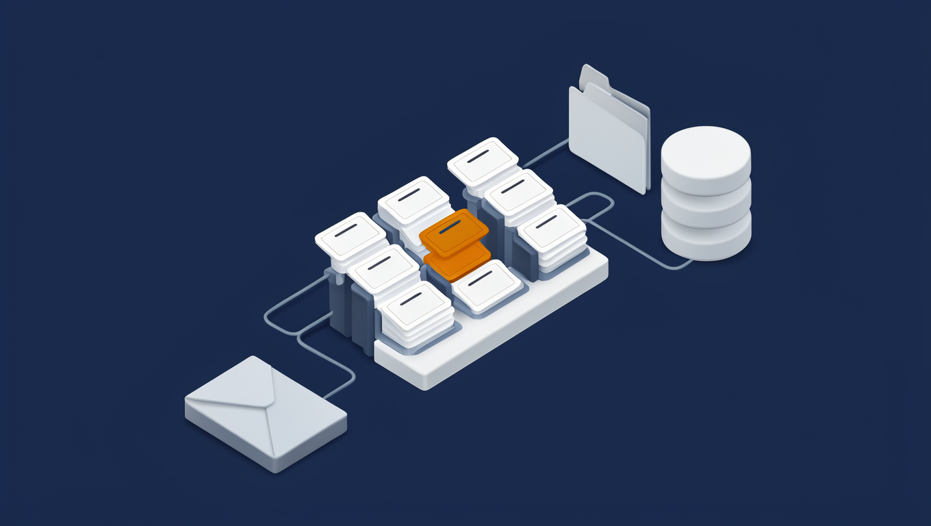 Illustration of a simple custom ticket board connected to the company's email, files and database, with one ticket moving between columns