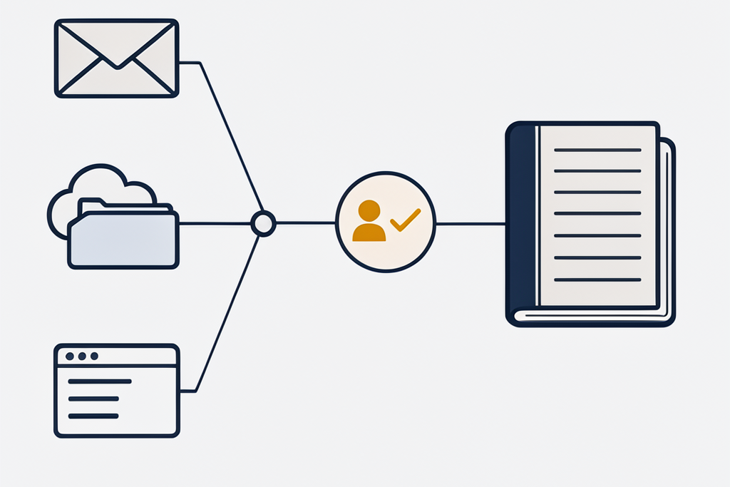 Documents from email, file storage and practice software flowing through one connection into the ledger, with a person checking the result